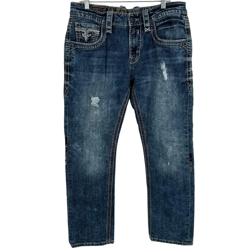 Men's Distressed Rock Revival Pruitt Straight Leg Blue Denim Jeans Embroidered